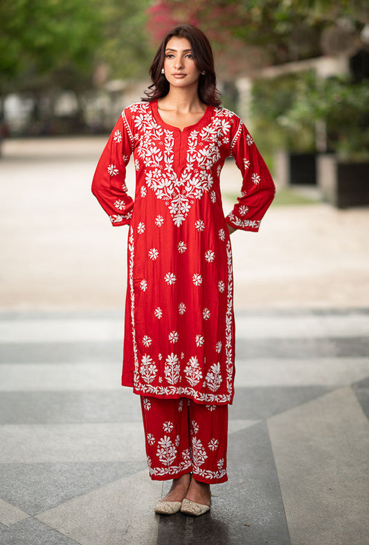 Ambient Festive Wear Red Color Chikankari Kurta Set