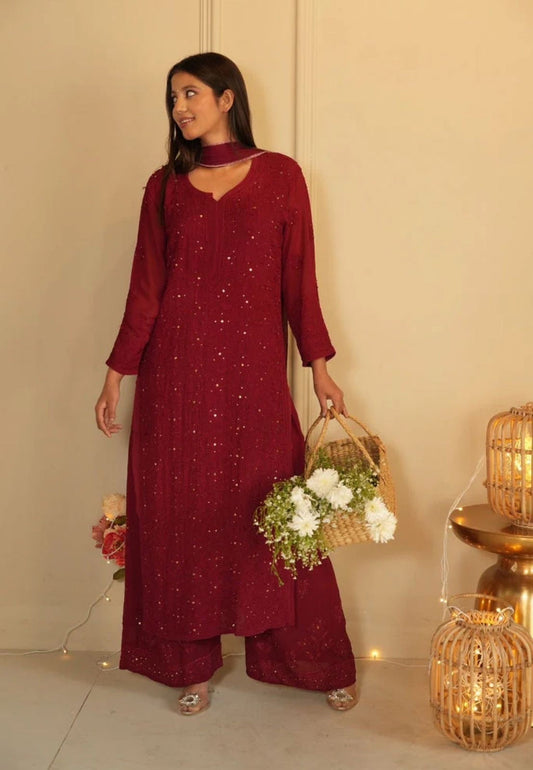 Bright Maroon Color Classic Chikankari Kurta Set