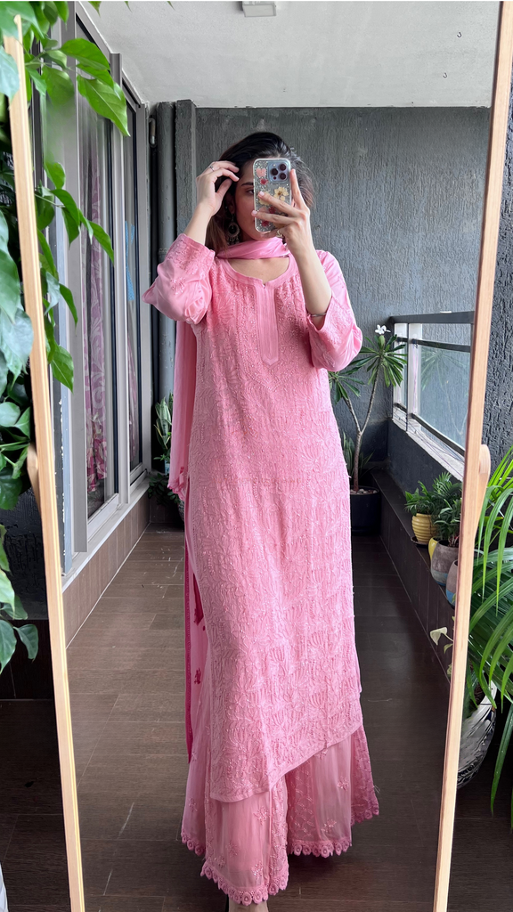 Dashing Pink Color Floral Chikankari Classic Kurta Set