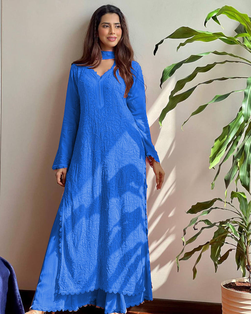 Amazing Blue Color Chikankari Work Kurta Set