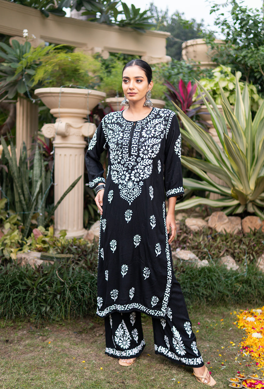 Glossy Cotton Silk Black Color Designer Chikankari Kurta