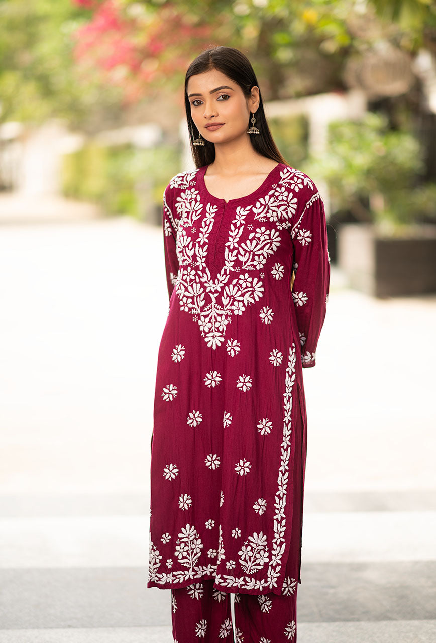 Buy Online Maroon Color Chikankari Work Dress