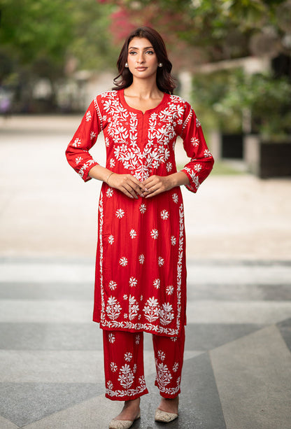 Red Color Designer Chikankari Work Dress