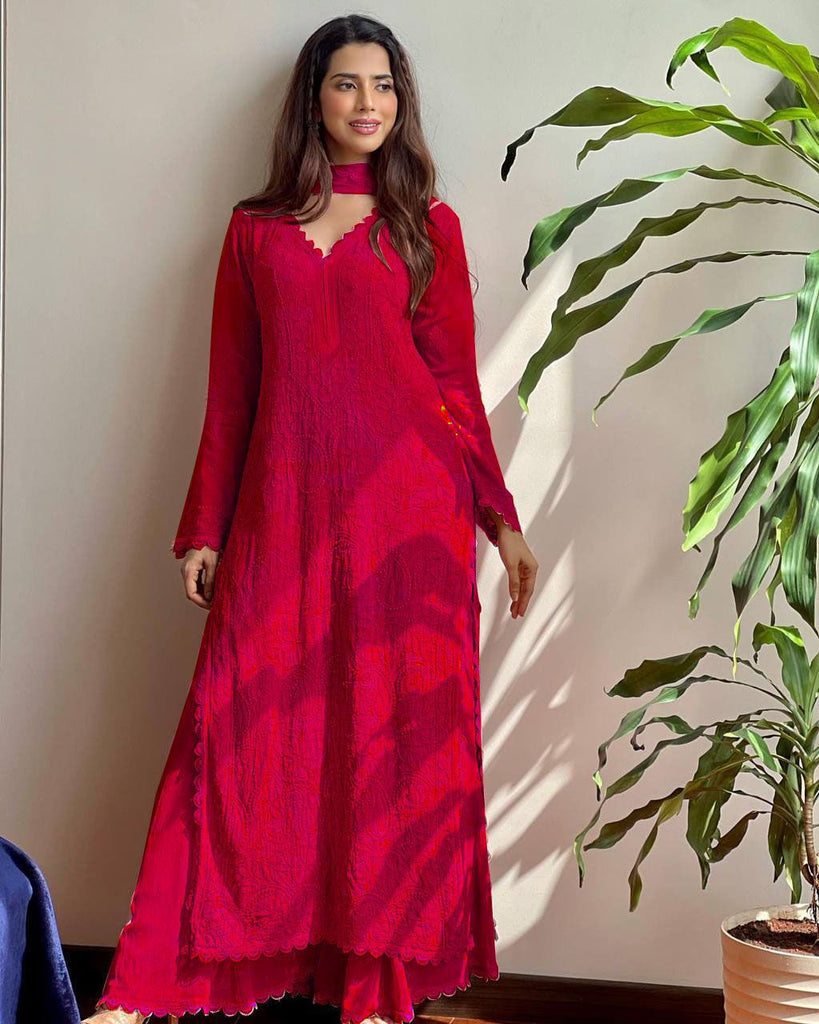 Attractive Fancy Trendy Cotton Red Chikankari Dress Designs