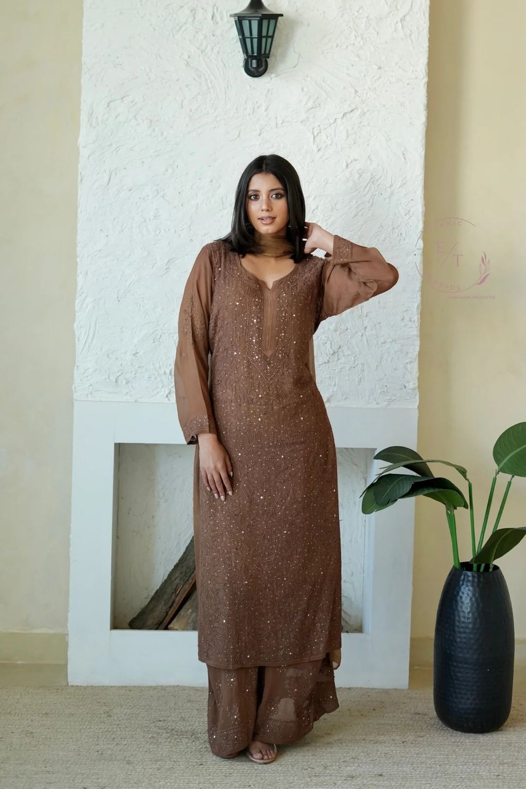 Ethereal Chikankari Work Coffee Colorful Function Wear Kurta