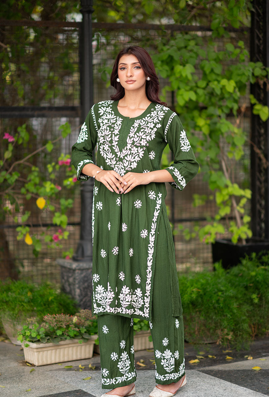 Green Color Silk Chikankari Work Dress For Girls