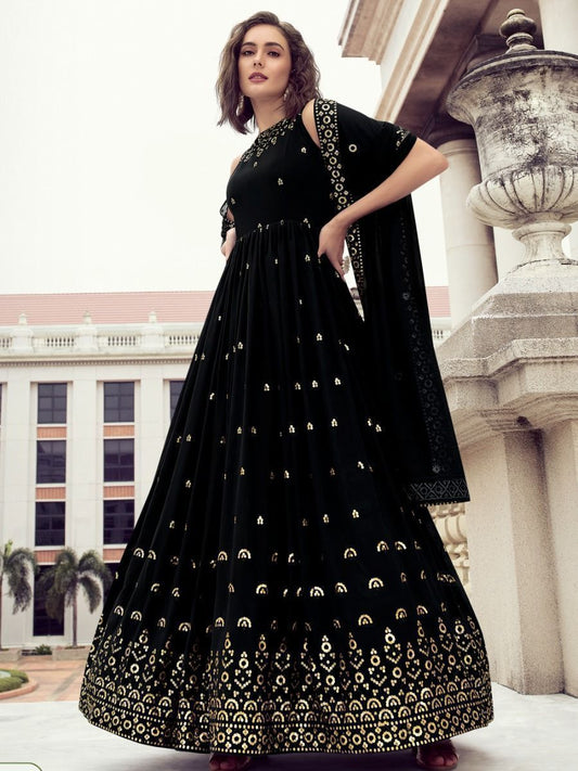 Black Color Embroidery Work Online Gown Dress For Engagement