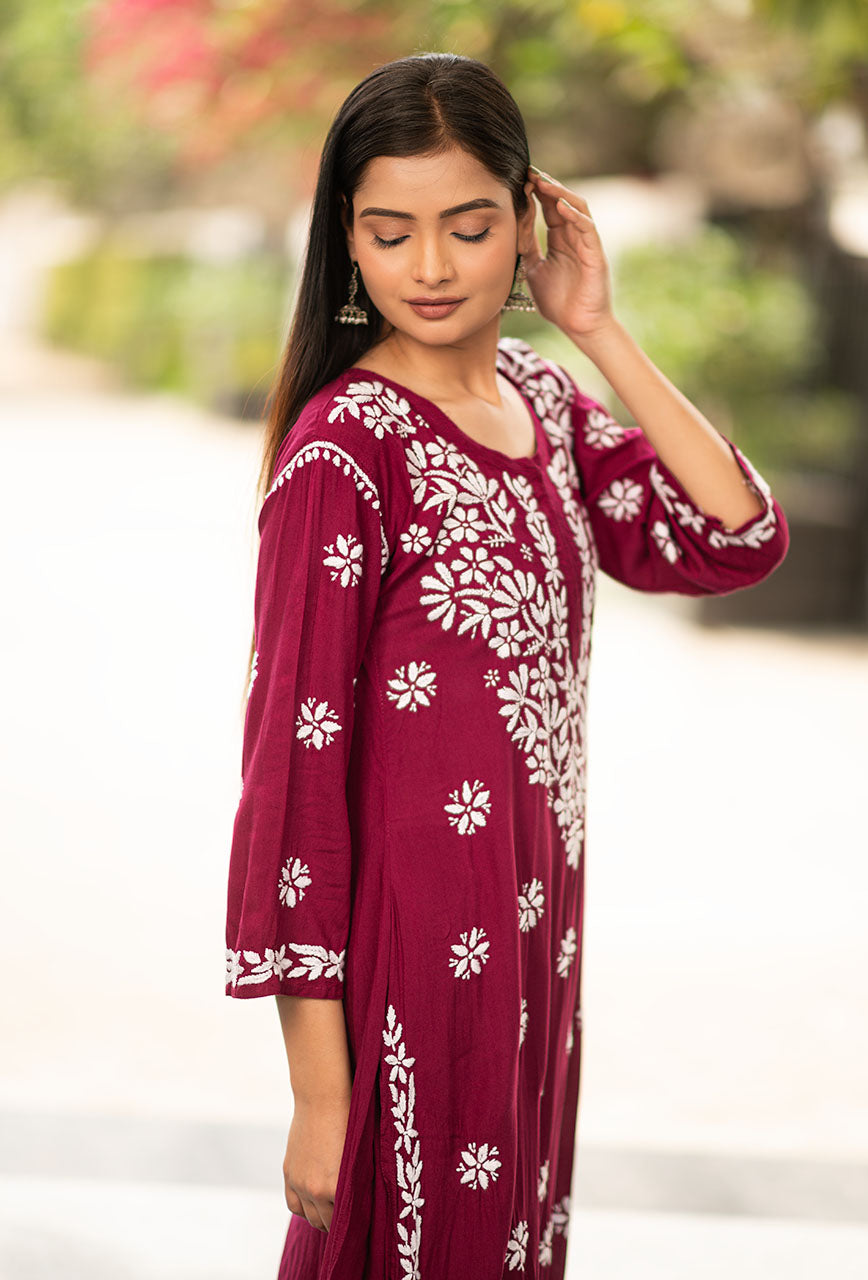 Buy Online Maroon Color Chikankari Work Dress