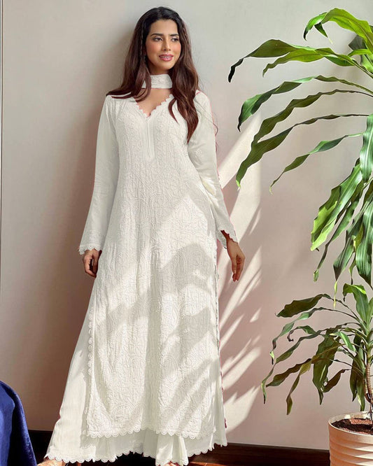 Splendid Chikankari Work White Color Designer Dress