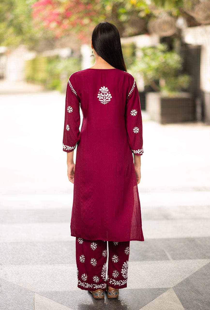 Buy Online Maroon Color Chikankari Work Dress