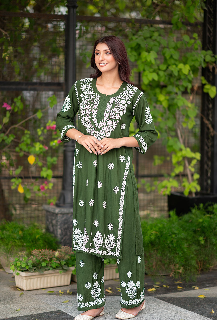 Buy Online Green Soft Chikankari Dress At Lower Rate