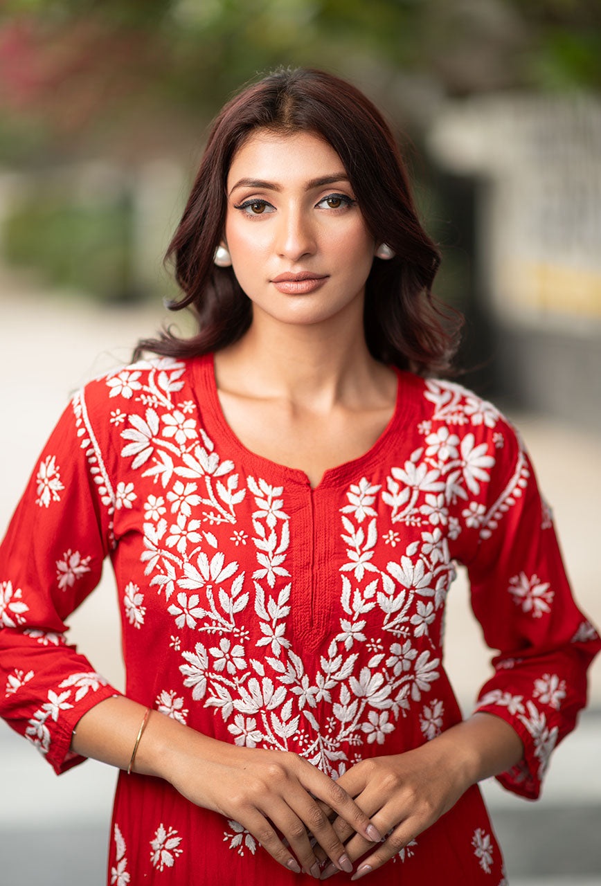 Ambient Festive Wear Red Color Chikankari Kurta Set