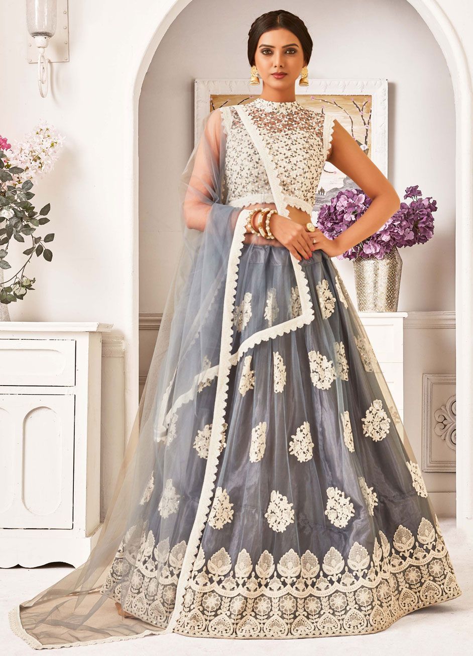 Designer Beautiful Grey Lehenga Choli With Dupatta For Bride