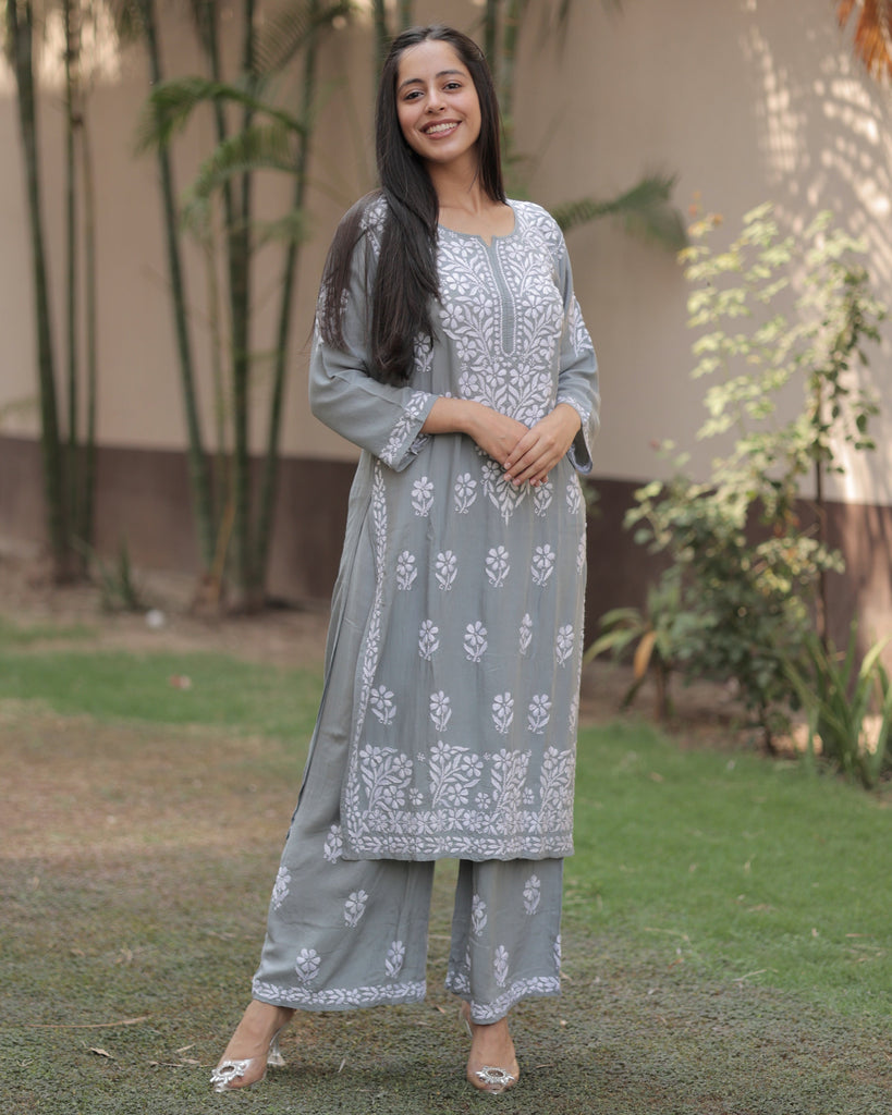 Designer One Piece Grey Color Chikankari Kurta In Low Rate