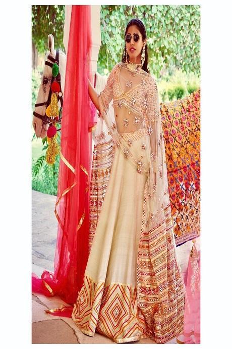 Peach Color Jardoshi Work Mirror Lehenga With Crop Top