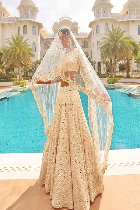 Satin Silver Work Cream Color Lehenga Design Online