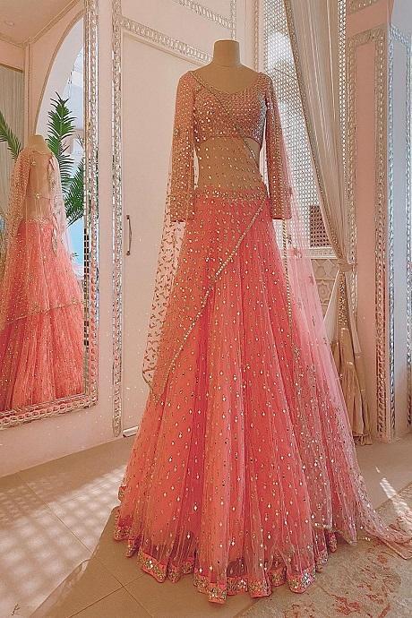 Orange Miroor Designer Jardoshi Work Lehenga Choli At Low Rate