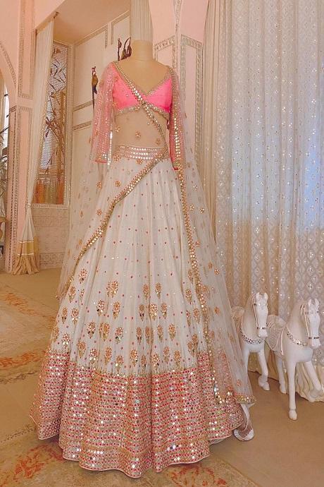 White Embroidery Work Attractive Party Wear Net Lehenga