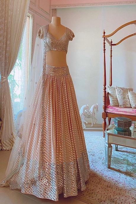 Light Cream Color Shine Jardoshi Work Lengha choli For Women