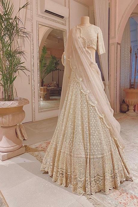 Mirror White Color Embroidery Work Lehenga Saree Design