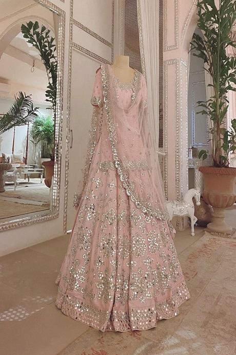 Off White Designer Party Wear Jardoshi Work Gorgette Lehenga