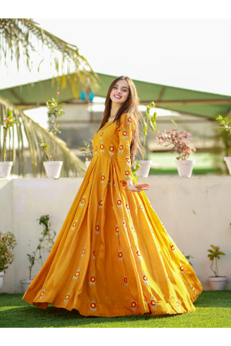 Heavy Work Yellow Embroidery Work Gown For Girls