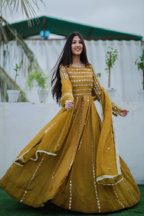 Golden Mirror Embroidery Work Organza Gown 2021 Dress For Girls