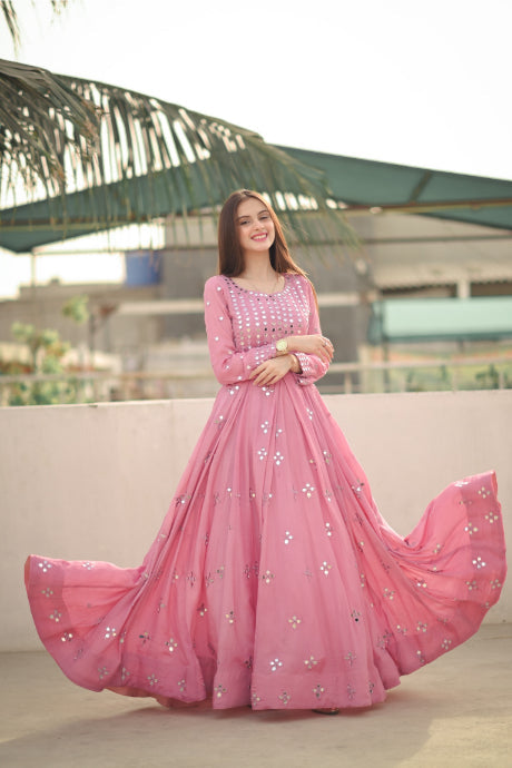 Designer Mirror Pink Embroidery Work Gown For Girls