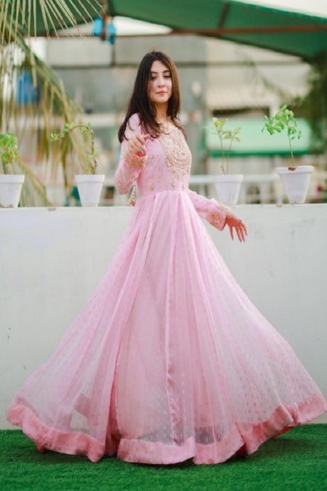 Georgette Pink Color Silk Embroidery Work Gown Dress