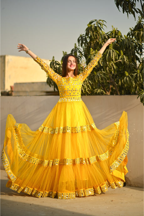 Mustered Yellow Ruffle Net Embroidery Work Gown For Girls