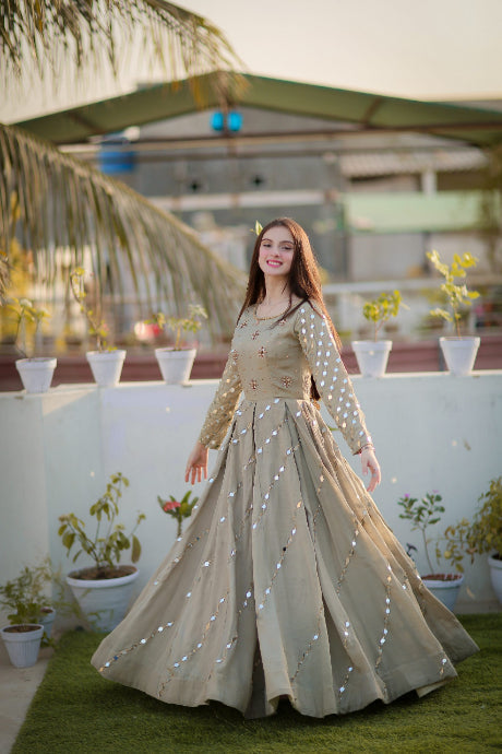 Light Grey Color Anarkali Mirror Embroidery Work Gown