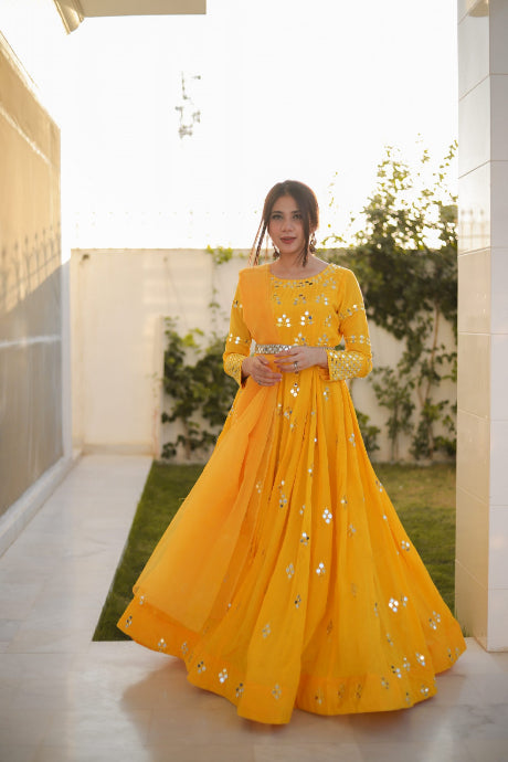 Designer Mirror Yellow Color Party Wear Embroidery Work Gown