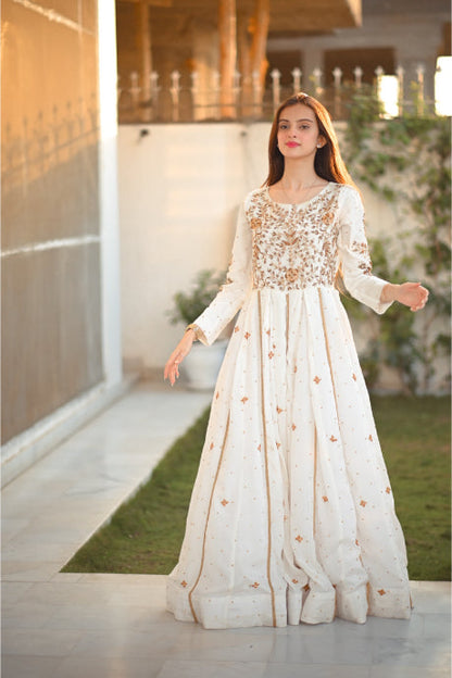 White Color Anarkali South Silk Embroidery Work Gown For Girls