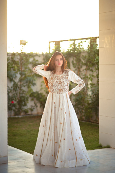 White Color Anarkali South Silk Embroidery Work Gown For Girls