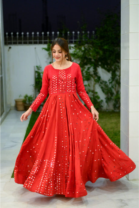 Cherry Red Heavy Designer Embroidery Work Gown Design