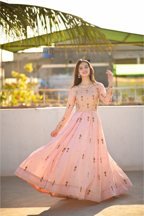 Heavy Mirror Work Pink Color Net Gown Dress