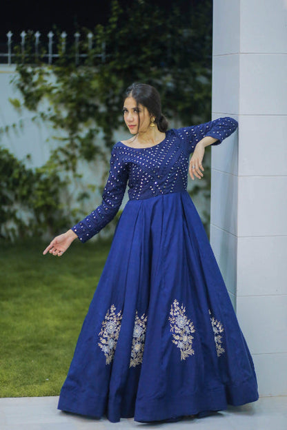 Navy Blue Color Designer Embroidery Work Gown Dress