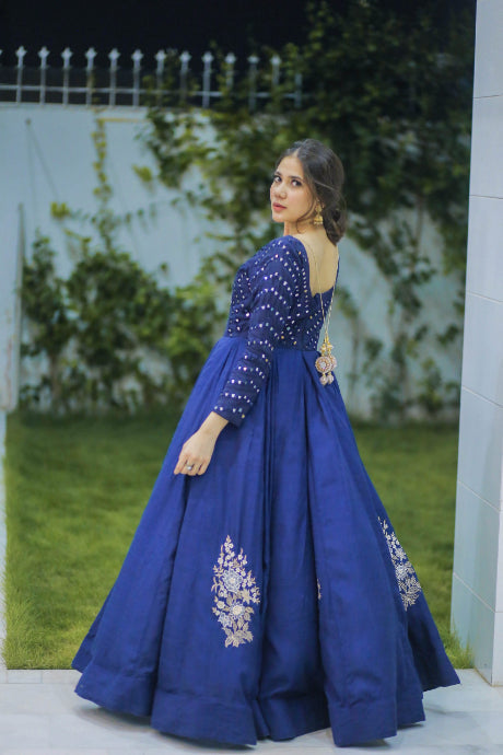 Navy Blue Color Designer Embroidery Work Gown Dress