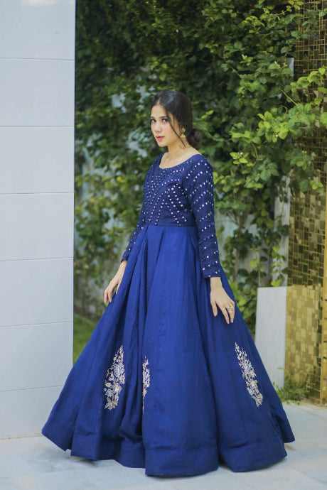 Navy Blue Color Designer Embroidery Work Gown Dress