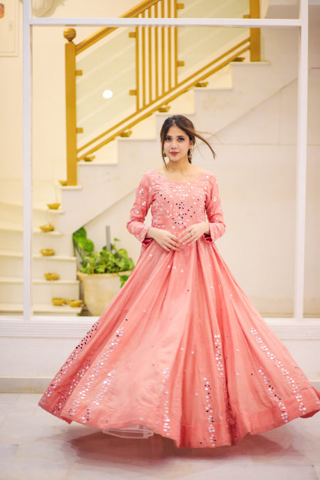 Attractive Fancy Embroidery Work Net Pink Gown Dress Design