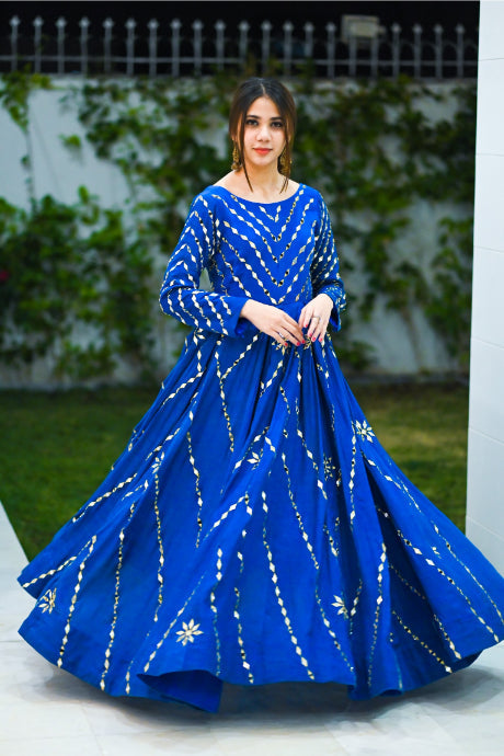 Royal Blue Mirror Work Anarkali Gown Designs For Party