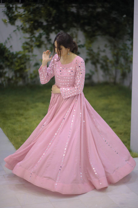 Attractive Embroidery Work Mirror Pink Gown For Party