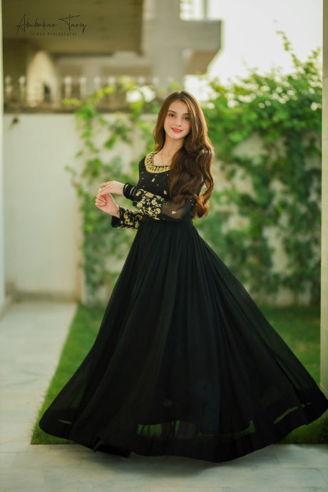 Designer Heavy Black Color Party Wear Anarkali Gown Dress