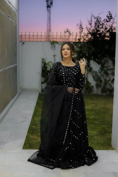 Fabulous Black Mirror Silk Embroidery Work Gown For Girls