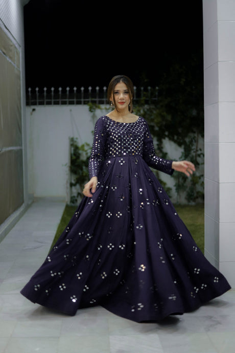 Wine Color Mirror Embroidery Work Online Gown Design