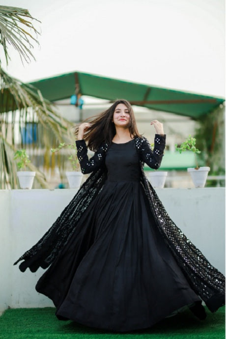 Black Embroidery Work Mirror Heavy Gown Dress For Women