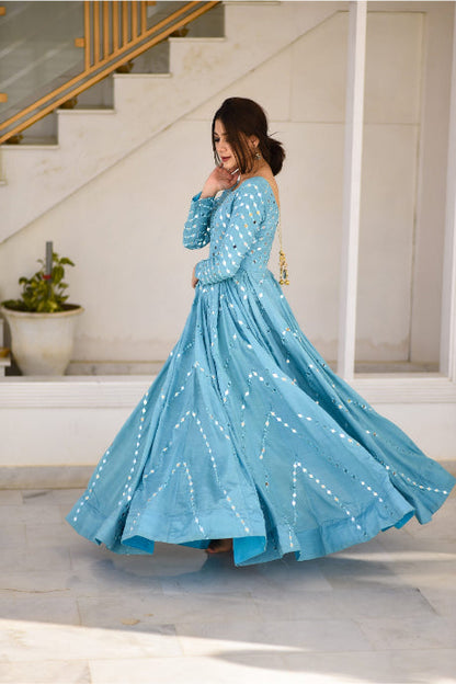 Fabulous Designer Sky Blue Party Wear Gown For Girls