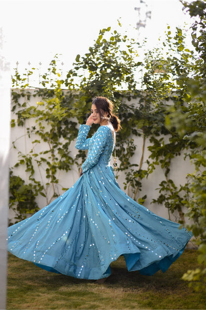 Fabulous Designer Sky Blue Party Wear Gown For Girls