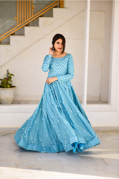 Fabulous Designer Sky Blue Party Wear Gown For Girls