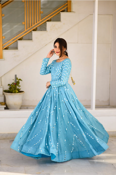 Fabulous Designer Sky Blue Party Wear Gown For Girls